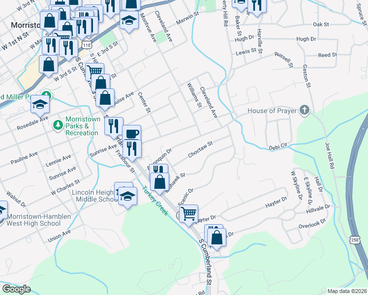 map of restaurants, bars, coffee shops, grocery stores, and more near 516 Algonquin Drive in Morristown