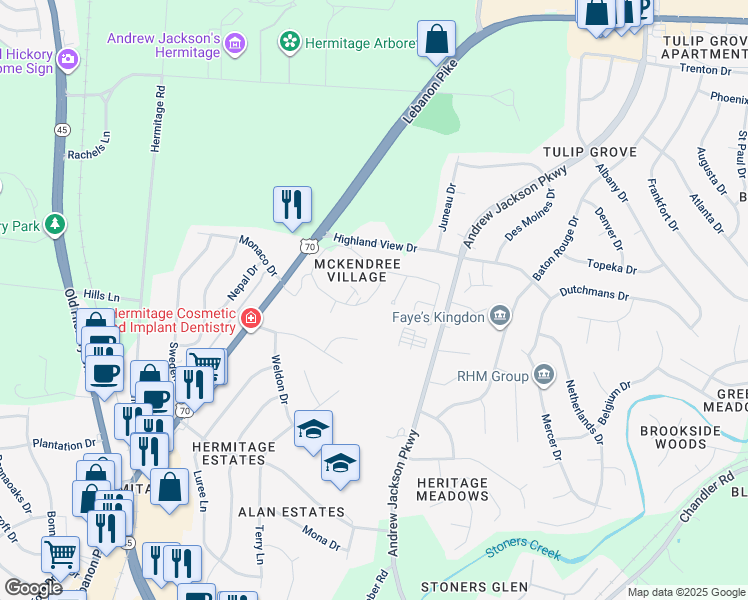 map of restaurants, bars, coffee shops, grocery stores, and more near 11 McKendree Circle in Nashville