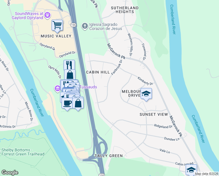 map of restaurants, bars, coffee shops, grocery stores, and more near 2421 Fairbrook Drive in Nashville