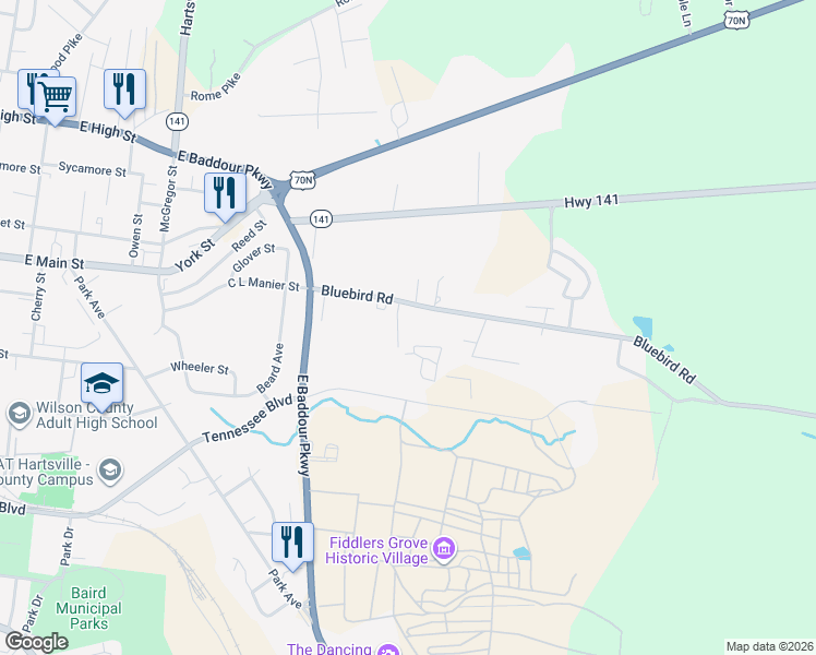 map of restaurants, bars, coffee shops, grocery stores, and more near 1050 Bluebird Road in Lebanon