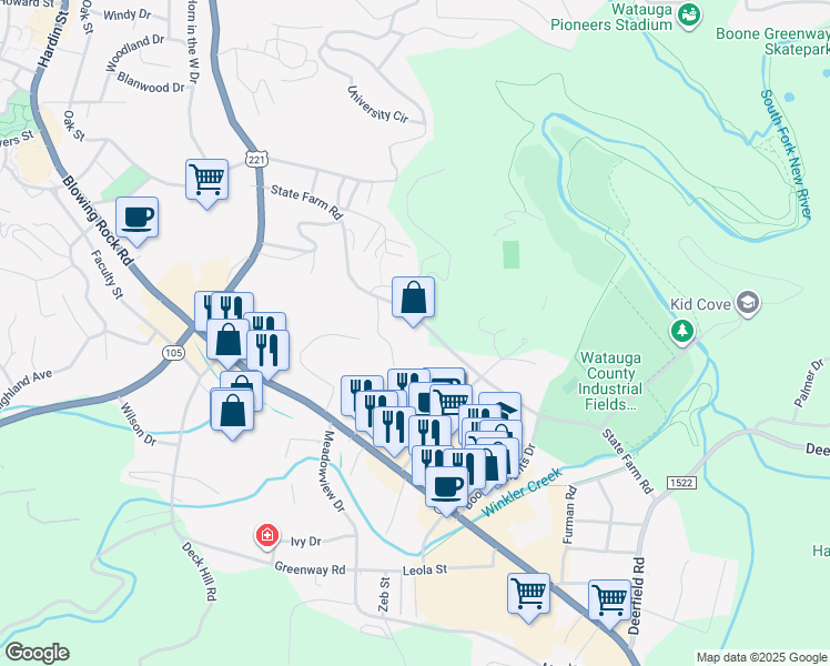 map of restaurants, bars, coffee shops, grocery stores, and more near 584 State Farm Road in Boone