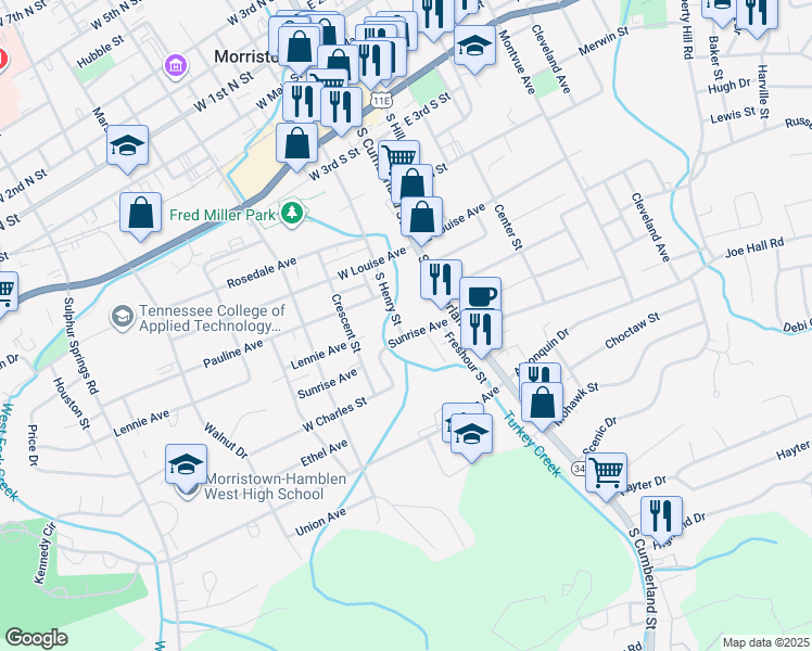 map of restaurants, bars, coffee shops, grocery stores, and more near 741 South Henry Street in Morristown