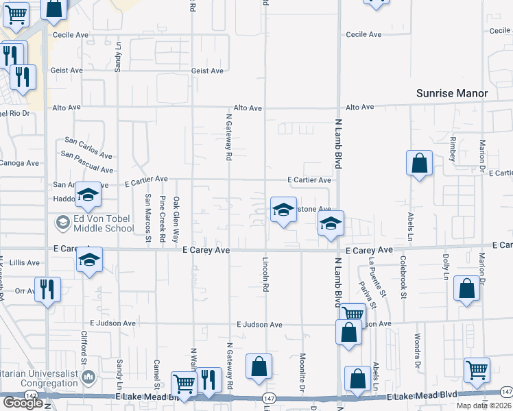 map of restaurants, bars, coffee shops, grocery stores, and more near 2522 North Gateway Road in Las Vegas