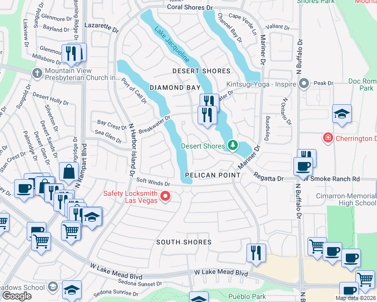 map of restaurants, bars, coffee shops, grocery stores, and more near 2501 Sun Reef Road in Las Vegas