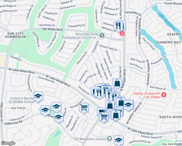 map of restaurants, bars, coffee shops, grocery stores, and more near 2524 Denham Drive in Las Vegas