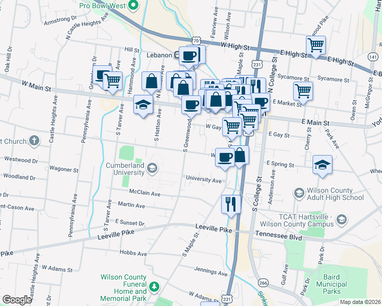 map of restaurants, bars, coffee shops, grocery stores, and more near 201 South Greenwood Street in Lebanon