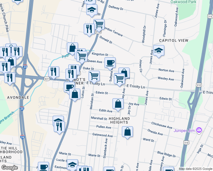 map of restaurants, bars, coffee shops, grocery stores, and more near 306 East Trinity Lane in Nashville