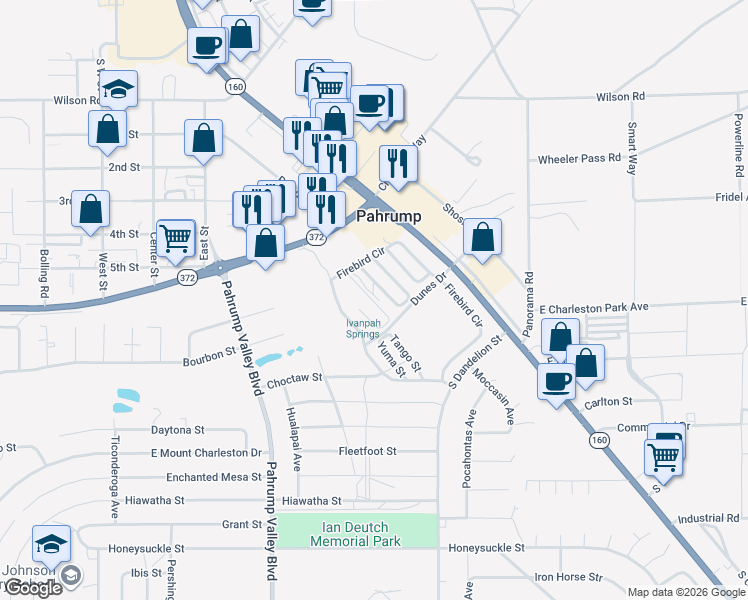 map of restaurants, bars, coffee shops, grocery stores, and more near 971 Delaware Street in Pahrump