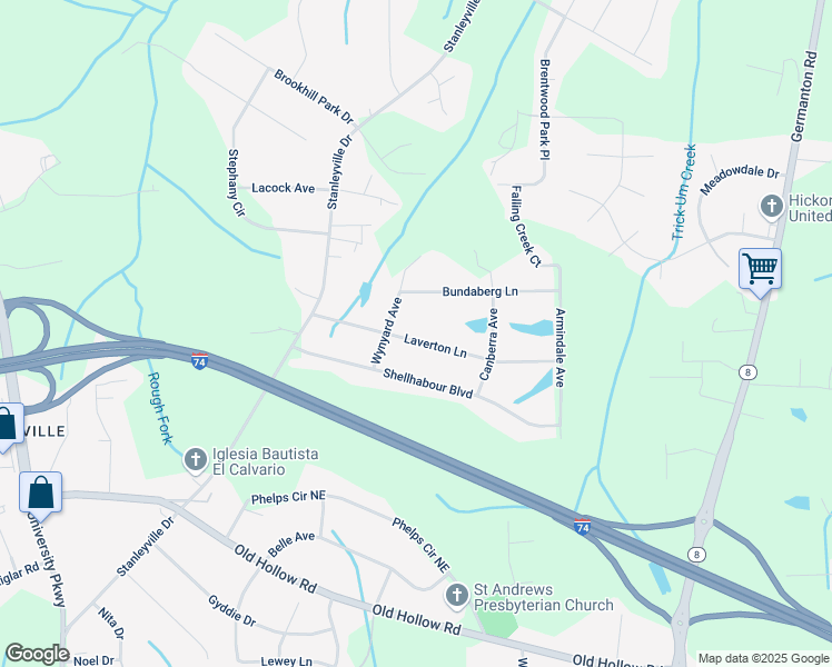 map of restaurants, bars, coffee shops, grocery stores, and more near 725 Laverton Lane in Rural Hall