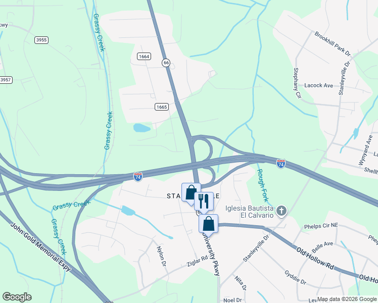 map of restaurants, bars, coffee shops, grocery stores, and more near 6533 University Parkway in Rural Hall