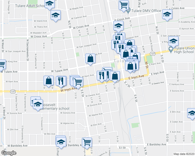 map of restaurants, bars, coffee shops, grocery stores, and more near 226 South G Street in Tulare