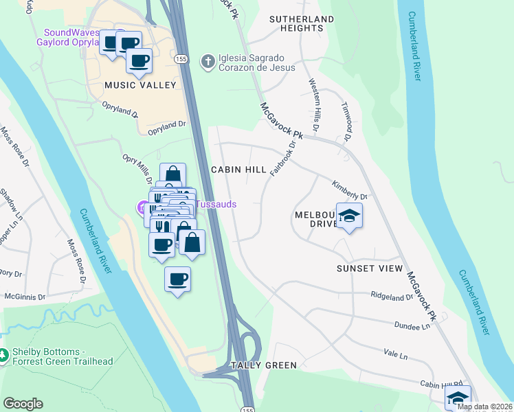 map of restaurants, bars, coffee shops, grocery stores, and more near 2421 Fairbrook Drive in Nashville