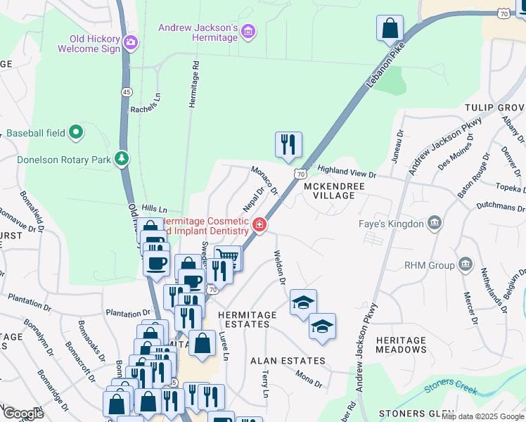 map of restaurants, bars, coffee shops, grocery stores, and more near 4270 Lebanon Pike in Nashville