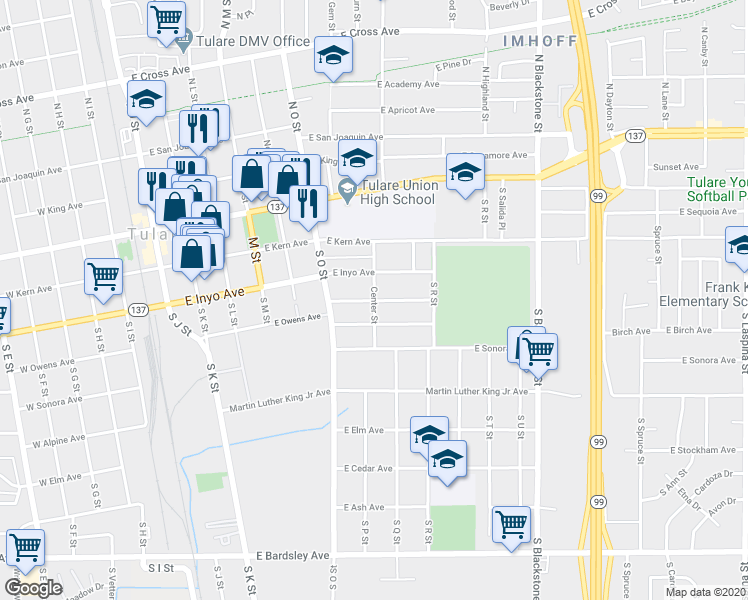 map of restaurants, bars, coffee shops, grocery stores, and more near 772 East Mariposa Avenue in Tulare