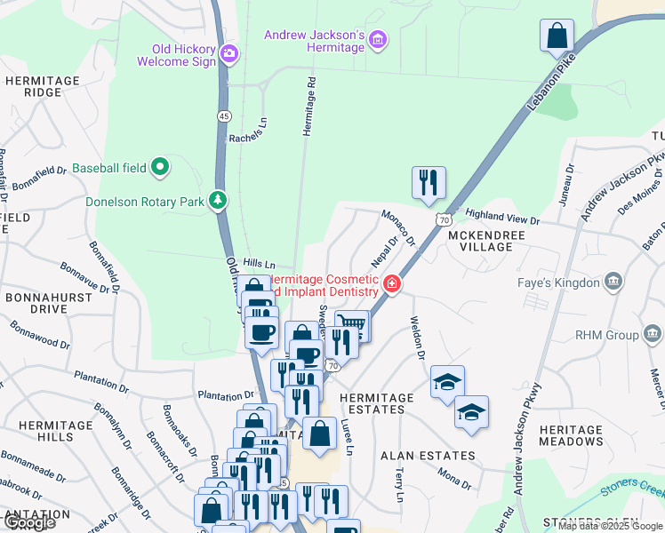 map of restaurants, bars, coffee shops, grocery stores, and more near 4253 Sweden Drive in Nashville