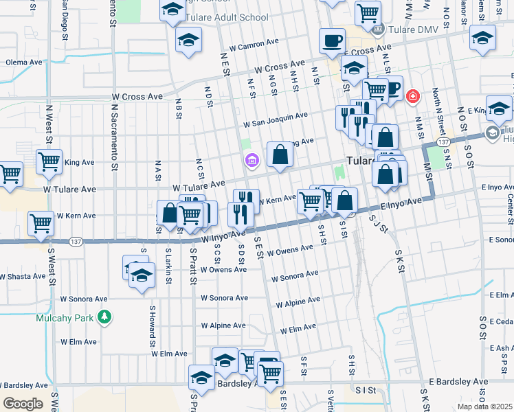 map of restaurants, bars, coffee shops, grocery stores, and more near 431 West Kern Avenue in Tulare
