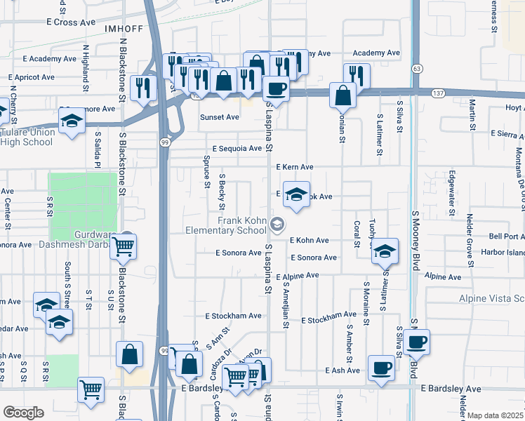 map of restaurants, bars, coffee shops, grocery stores, and more near 495 South Laspina Street in Tulare