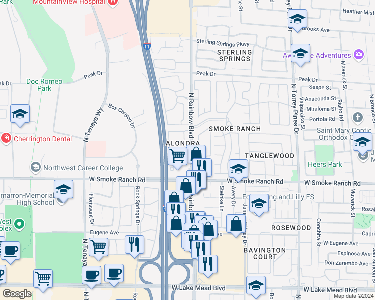 map of restaurants, bars, coffee shops, grocery stores, and more near 2451 North Rainbow Boulevard in Las Vegas