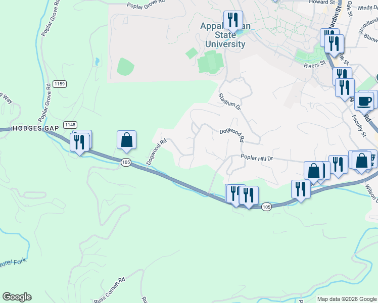 map of restaurants, bars, coffee shops, grocery stores, and more near 440 Dogwood Road in Boone