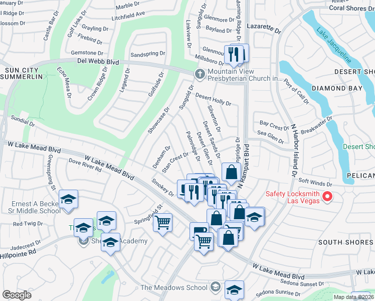 map of restaurants, bars, coffee shops, grocery stores, and more near 2500 Desert Butte Drive in Las Vegas