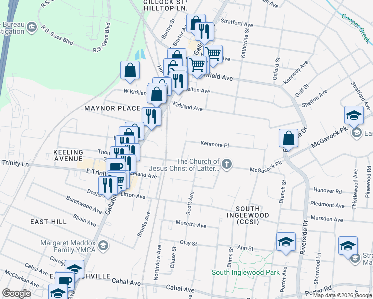 map of restaurants, bars, coffee shops, grocery stores, and more near 1206 Kenmore Place in Nashville