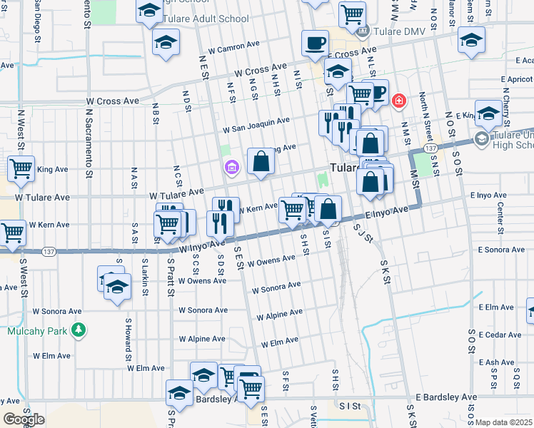 map of restaurants, bars, coffee shops, grocery stores, and more near 217 South G Street in Tulare