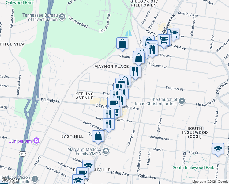 map of restaurants, bars, coffee shops, grocery stores, and more near 1011 Thomas Avenue in Nashville