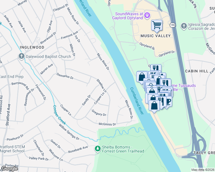 map of restaurants, bars, coffee shops, grocery stores, and more near 2805 Cooper Lane in Nashville
