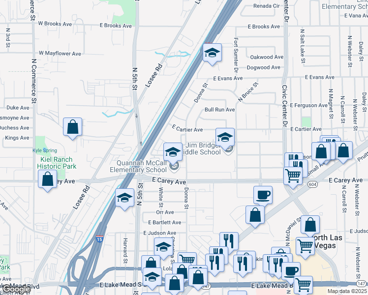 map of restaurants, bars, coffee shops, grocery stores, and more near 2515 Donna Street in North Las Vegas