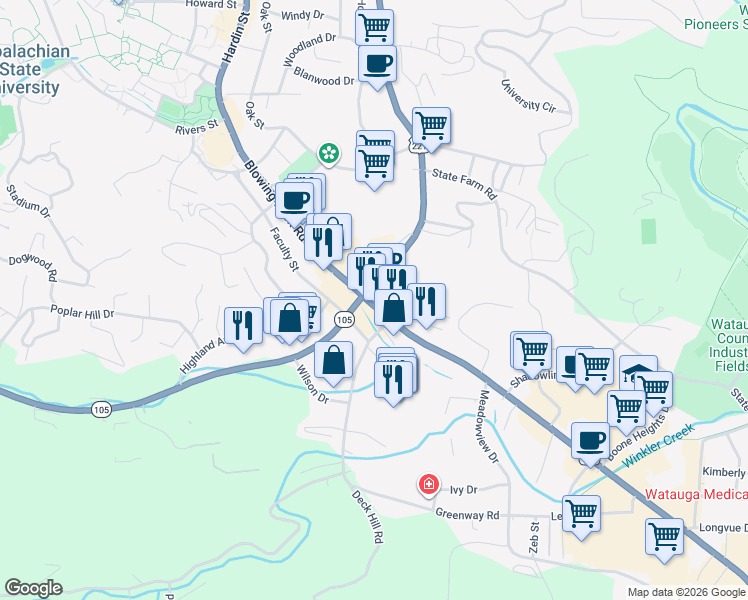 map of restaurants, bars, coffee shops, grocery stores, and more near 1023 Blowing Rock Rd in Boone