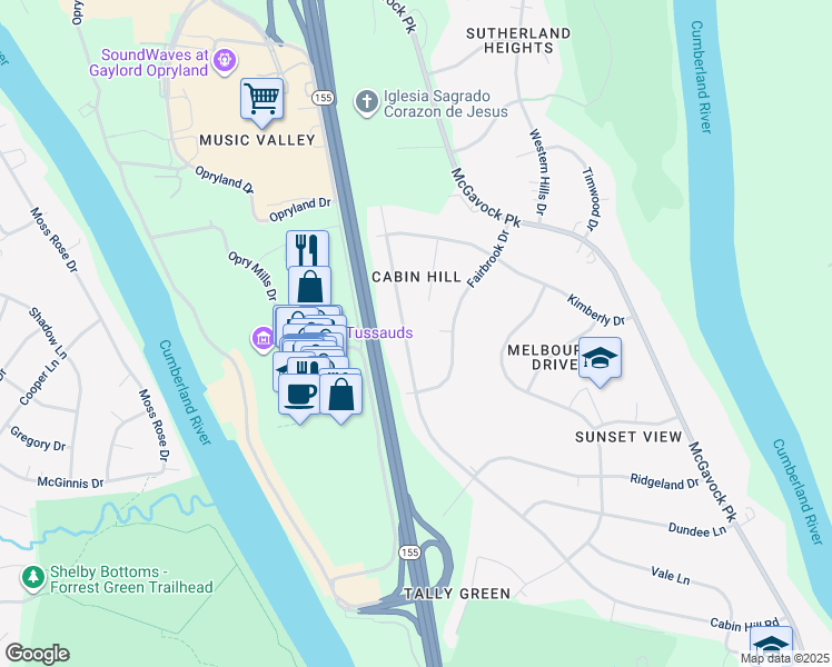 map of restaurants, bars, coffee shops, grocery stores, and more near 2222B Cabin Hill Road in Nashville