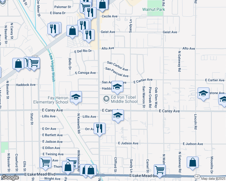map of restaurants, bars, coffee shops, grocery stores, and more near 3817 Haddock Ave in Las Vegas