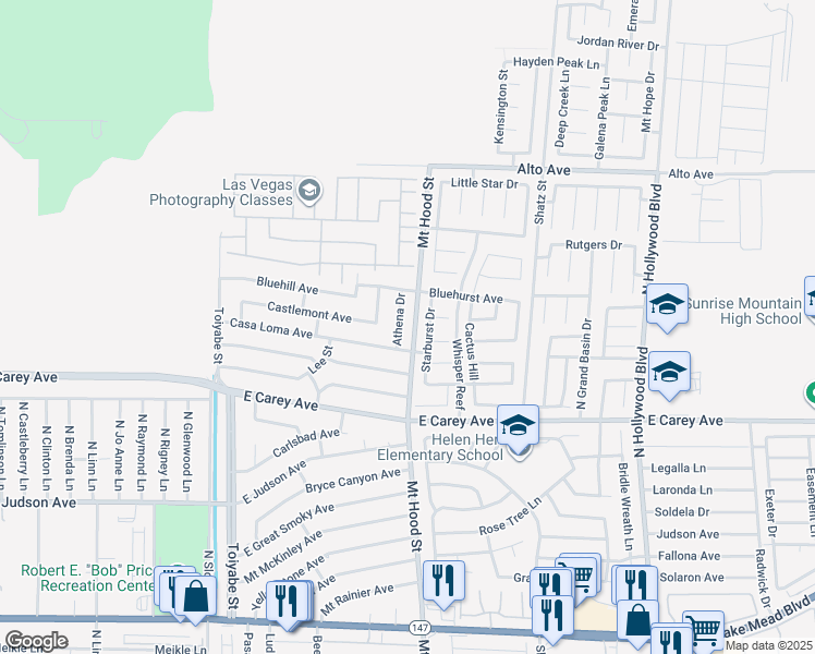 map of restaurants, bars, coffee shops, grocery stores, and more near 2541 Athena Drive in Las Vegas