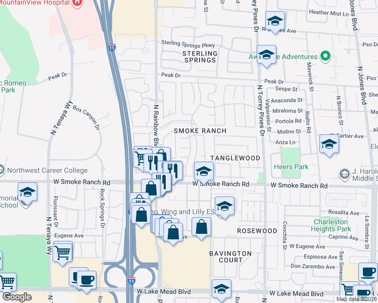 map of restaurants, bars, coffee shops, grocery stores, and more near 2504 Silver Shadow Drive in Las Vegas