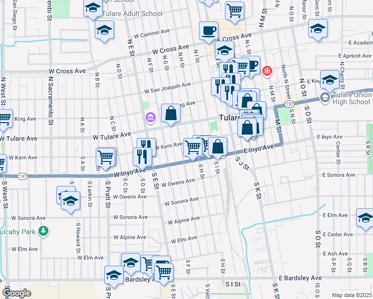 map of restaurants, bars, coffee shops, grocery stores, and more near 221 South H Street in Tulare