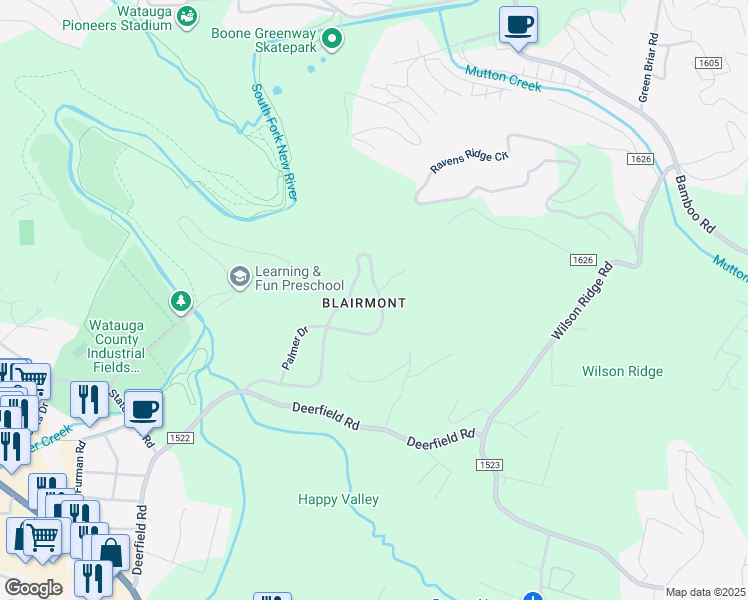 map of restaurants, bars, coffee shops, grocery stores, and more near 760 Blairmont Drive in Boone