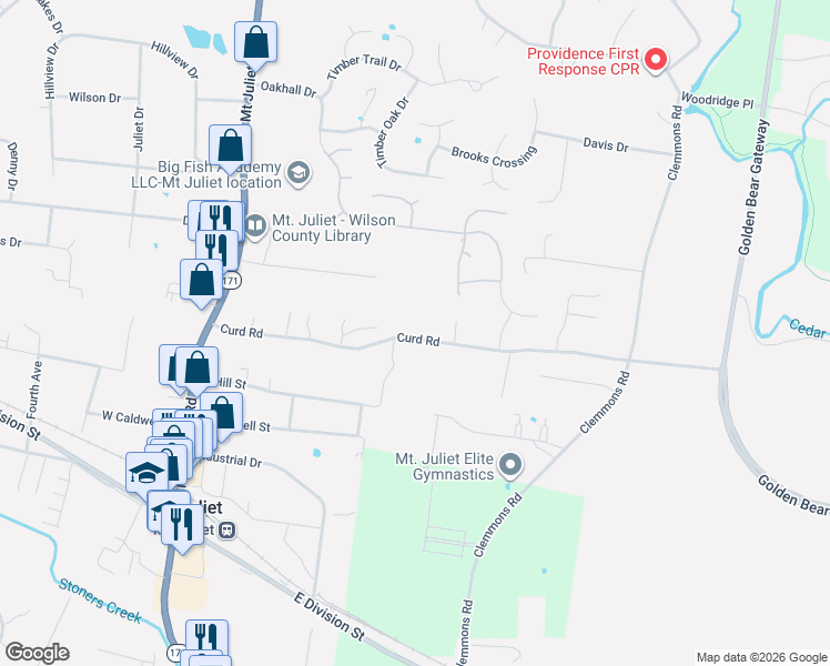 map of restaurants, bars, coffee shops, grocery stores, and more near 468 Curd Road in Mount Juliet