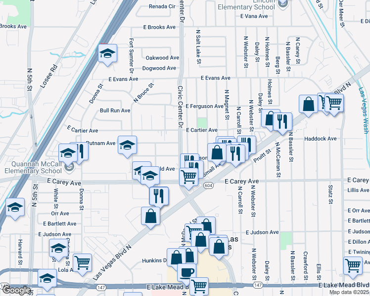 map of restaurants, bars, coffee shops, grocery stores, and more near 2517 North Saint George Street in North Las Vegas