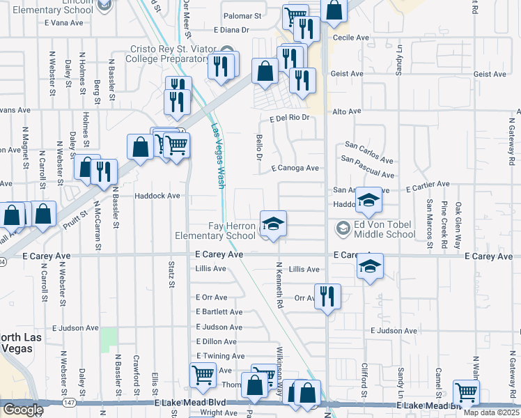map of restaurants, bars, coffee shops, grocery stores, and more near 2521 North Herrod Drive in North Las Vegas