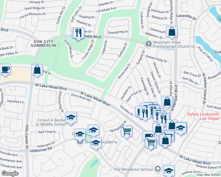 map of restaurants, bars, coffee shops, grocery stores, and more near 2501 Showcase Drive in Las Vegas