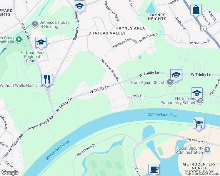 map of restaurants, bars, coffee shops, grocery stores, and more near 1012 West Trinity Lane in Nashville