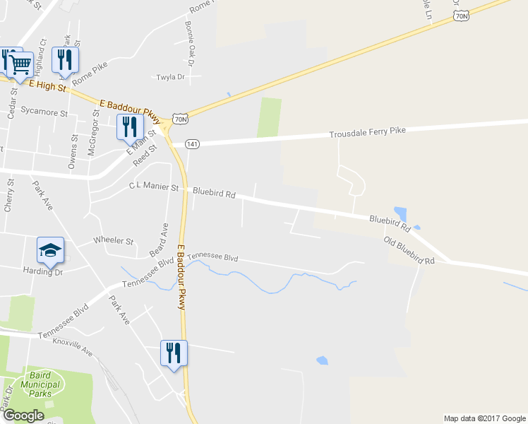 map of restaurants, bars, coffee shops, grocery stores, and more near 1050 Bluebird Road in Lebanon