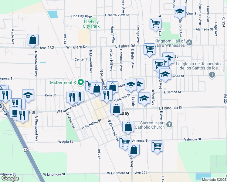 map of restaurants, bars, coffee shops, grocery stores, and more near 266 East Hermosa Street in Lindsay