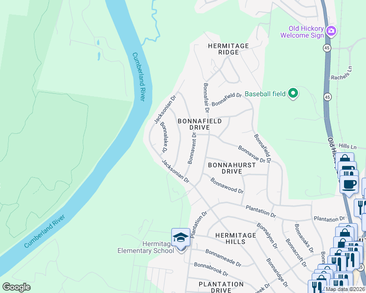 map of restaurants, bars, coffee shops, grocery stores, and more near 7014 Bonnamere Drive in Nashville