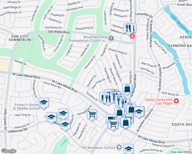 map of restaurants, bars, coffee shops, grocery stores, and more near 2524 Denham Drive in Las Vegas