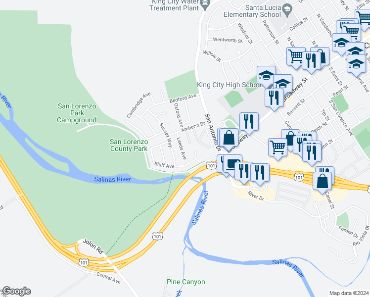map of restaurants, bars, coffee shops, grocery stores, and more near 138 Leeds Avenue in King City