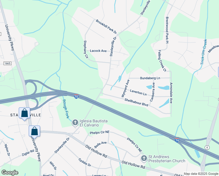 map of restaurants, bars, coffee shops, grocery stores, and more near 634 Laverton Lane in Rural Hall