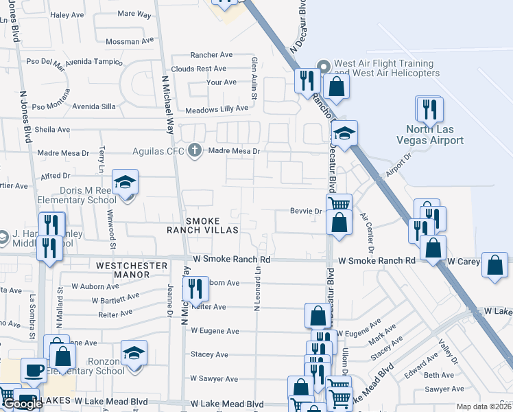map of restaurants, bars, coffee shops, grocery stores, and more near 5135 Bevvie Drive in Las Vegas