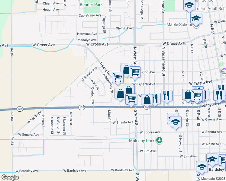 map of restaurants, bars, coffee shops, grocery stores, and more near 244 Yellowstone Street in Tulare