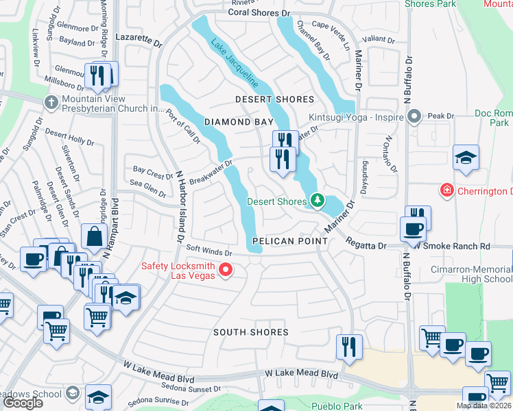 map of restaurants, bars, coffee shops, grocery stores, and more near 2501 Sun Reef Rd in Las Vegas